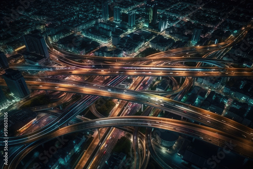 traffic at night from a drone view created with Generative AI technology