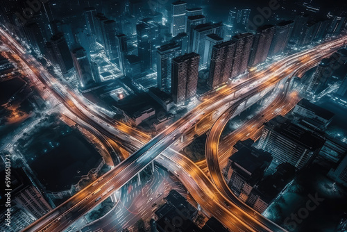 traffic at night from a drone view created with Generative AI technology