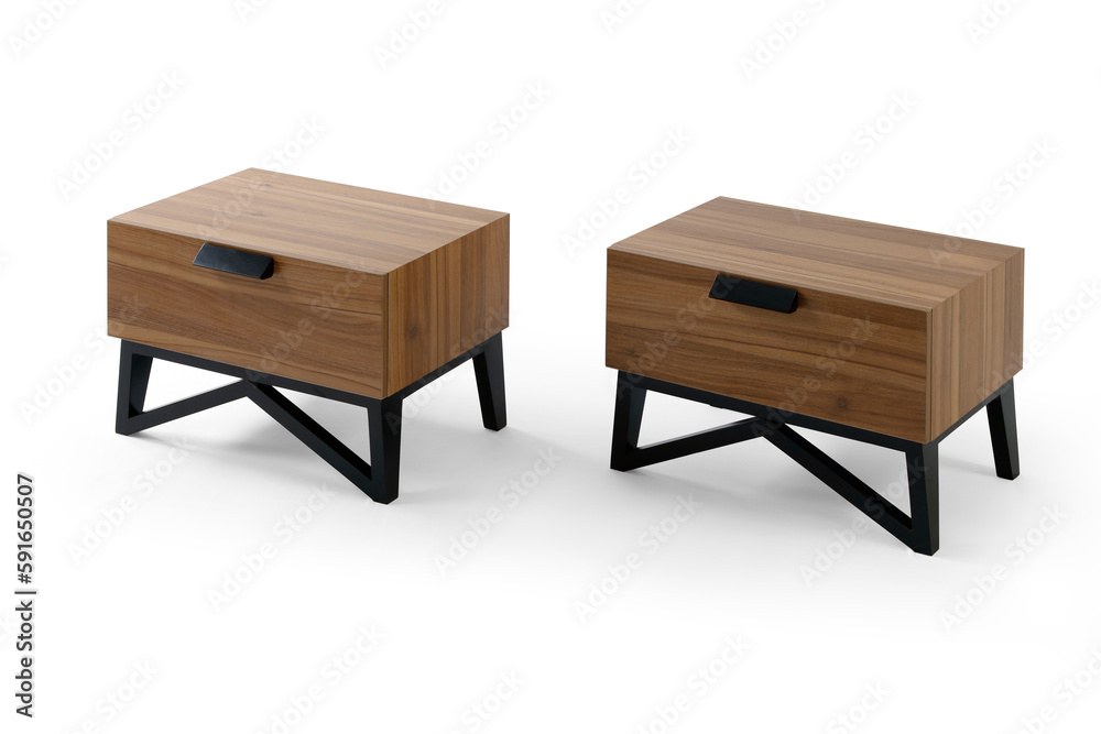 wood bedside table . Modern designer nightstand isolated on white background corner view. cabinet with two drawers wood bedside table . Modern designer nightstand isolated on white background corner view. cabinet with two drawers