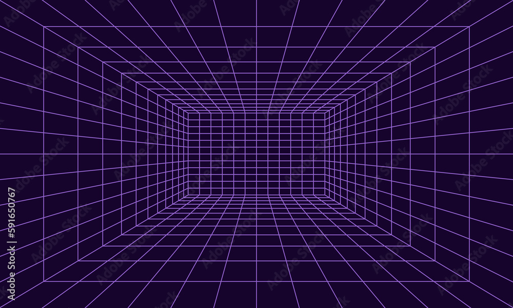 Naklejka premium Grid room in perspective in 3d style. Indoor wireframe from violet laser beam, digital empty box. Abstract geometric design