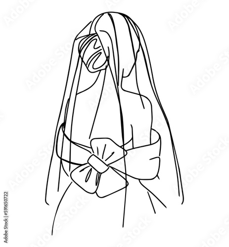 Hand drawn bride in styleline art in designer dress and veil. Vector elegant illustration. photo