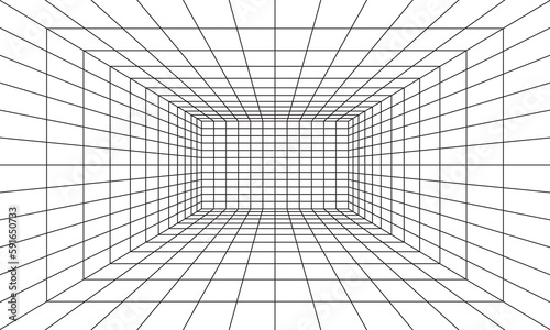 Grid room in perspective in 3d style. Indoor wireframe from black laser beam, digital empty box. Abstract geometric design