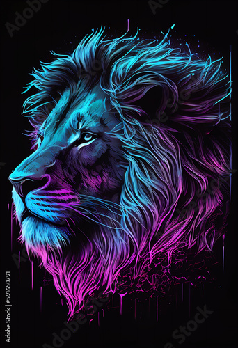 Illustration of a Lion Face in Low-Light Vaporwave Style