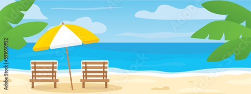 summer banner with sunbeds, umbrella and palm leaves on the tropical beach - vector illustration