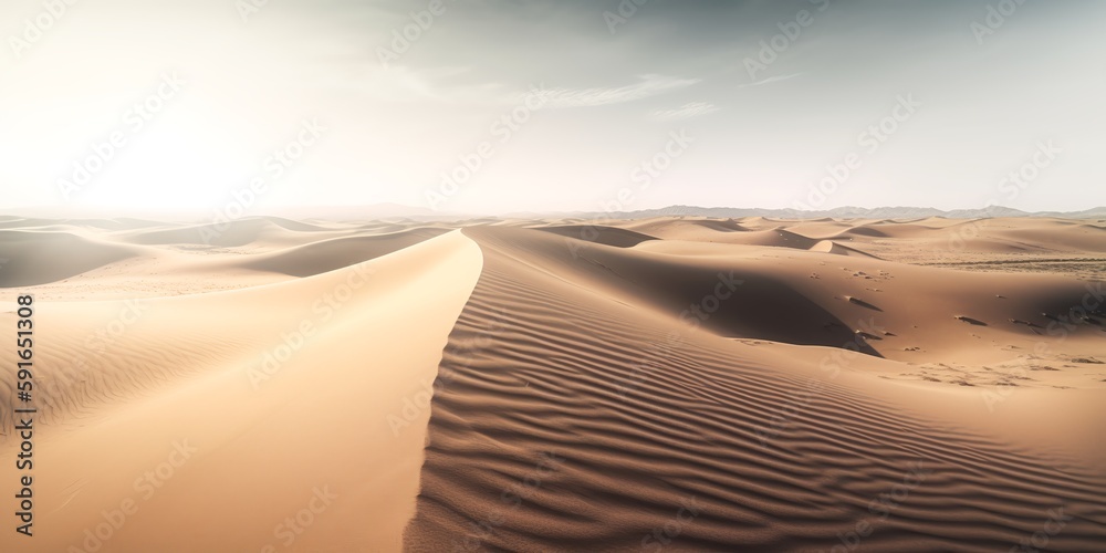 Desert. Extreme adventures and science expedition in a stone desert. Desert at sunrise, mountain landscape with dust on skyline, hills and traces of the off-road car. Generative AI