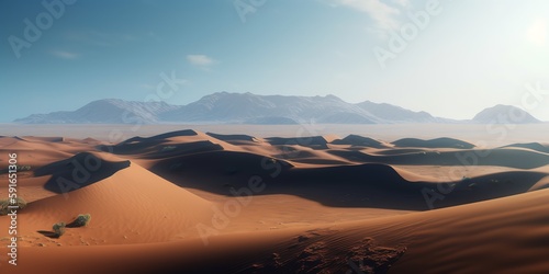 Desert. Extreme adventures and science expedition in a stone desert. Desert at sunrise, mountain landscape with dust on skyline, hills and traces of the off-road car. Generative AI