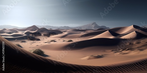 Desert. Extreme adventures and science expedition in a stone desert. Desert at sunrise  mountain landscape with dust on skyline  hills and traces of the off-road car. Generative AI