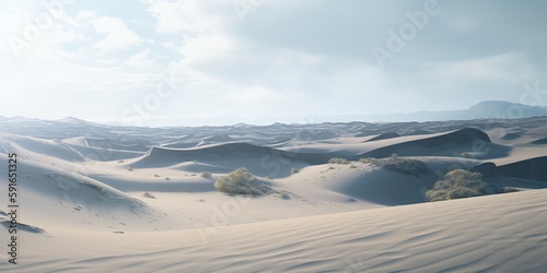 Desert. Extreme adventures and science expedition in a stone desert. Desert at sunrise, mountain landscape with dust on skyline, hills and traces of the off-road car. Generative AI © Ruslan Shevchenko