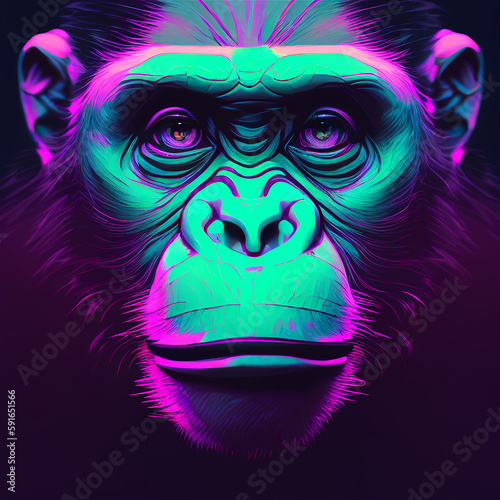 Illustration of a Monkey Face in Low-Light Vaporwave Style