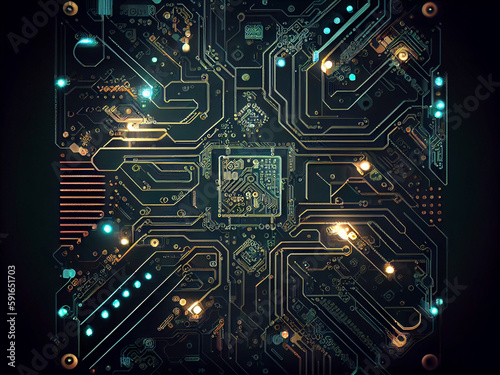 The microprocessor in the rays of light on the background of the electronic board. Generative AI