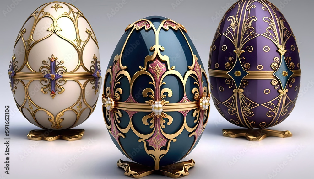 Three exquisite eggs decorated with golden ornaments, gleaming with opulence and elegance 02, created with AI Three exquisite eggs decorated with golden ornaments, gleaming with opulence and elegance 02, created with AI