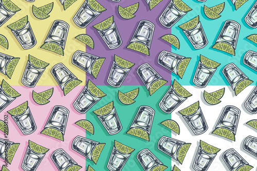 Seamless pattern set or wallpaper collection of cocktail with tequila and lime for bar alcohol menu