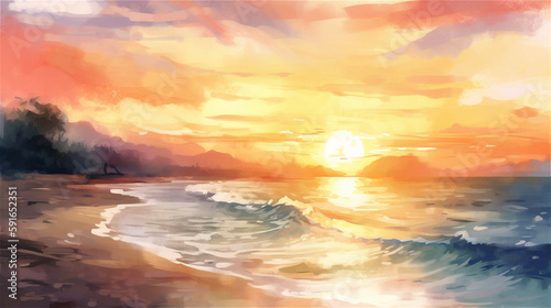 Beautiful Sunset at Beach in Watercolor Style
