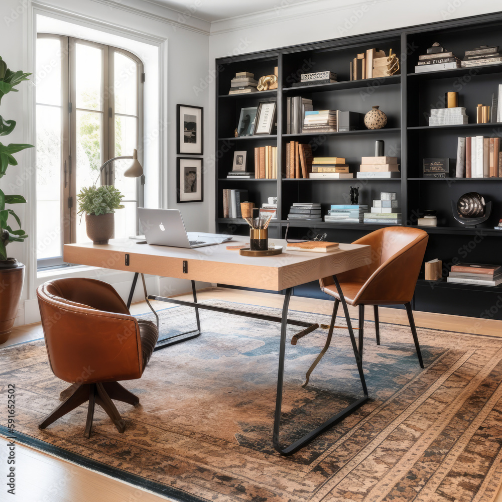 stylish home office with large desk and leather chair