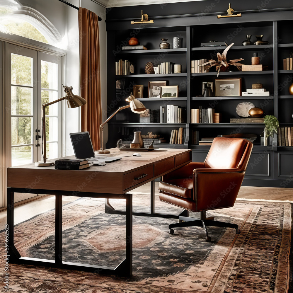 stylish home office with large desk and leather chair stylish home office with large desk and leather chair