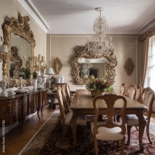 dining room lavish, luxury, with long table