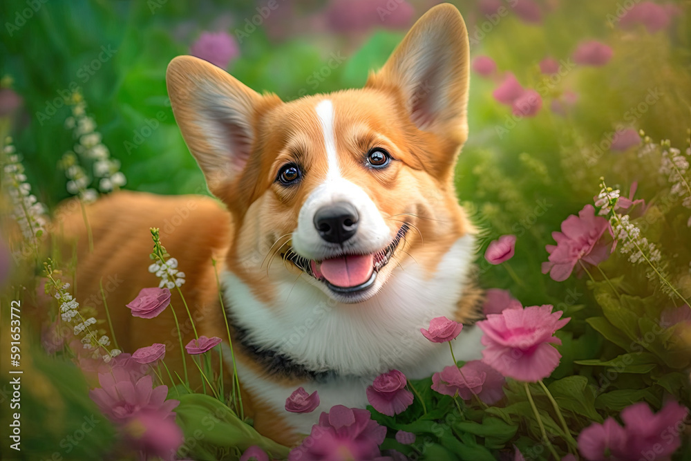 cute little dog between red flowers in a meadow. Generative AI cute little dog between red flowers in a meadow. Generative AI