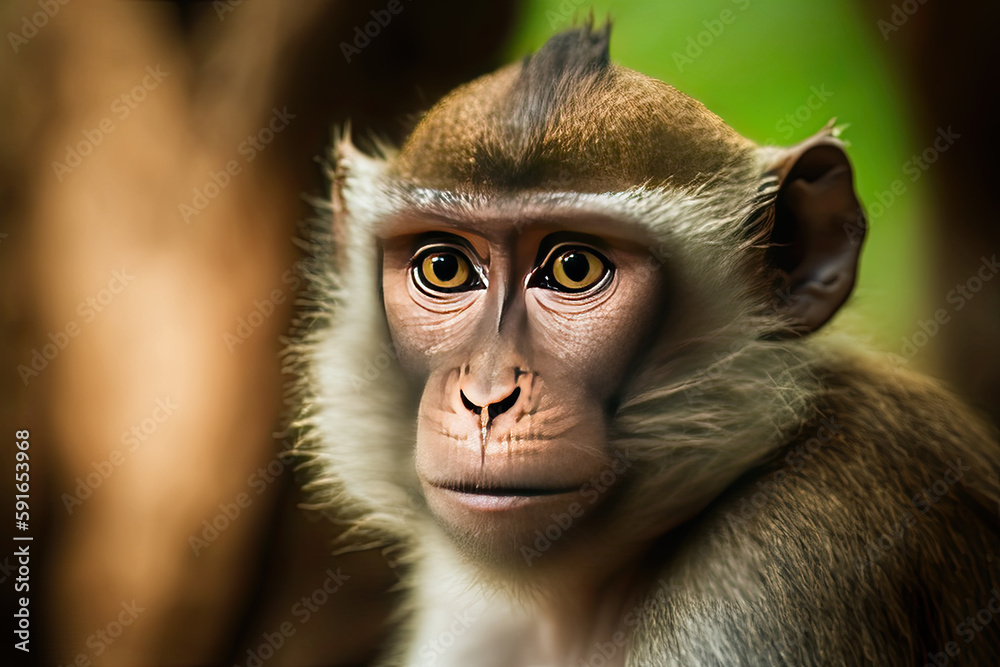 Fototapeta premium Portrait of a macaque monkey with a blurred background. Generative AI