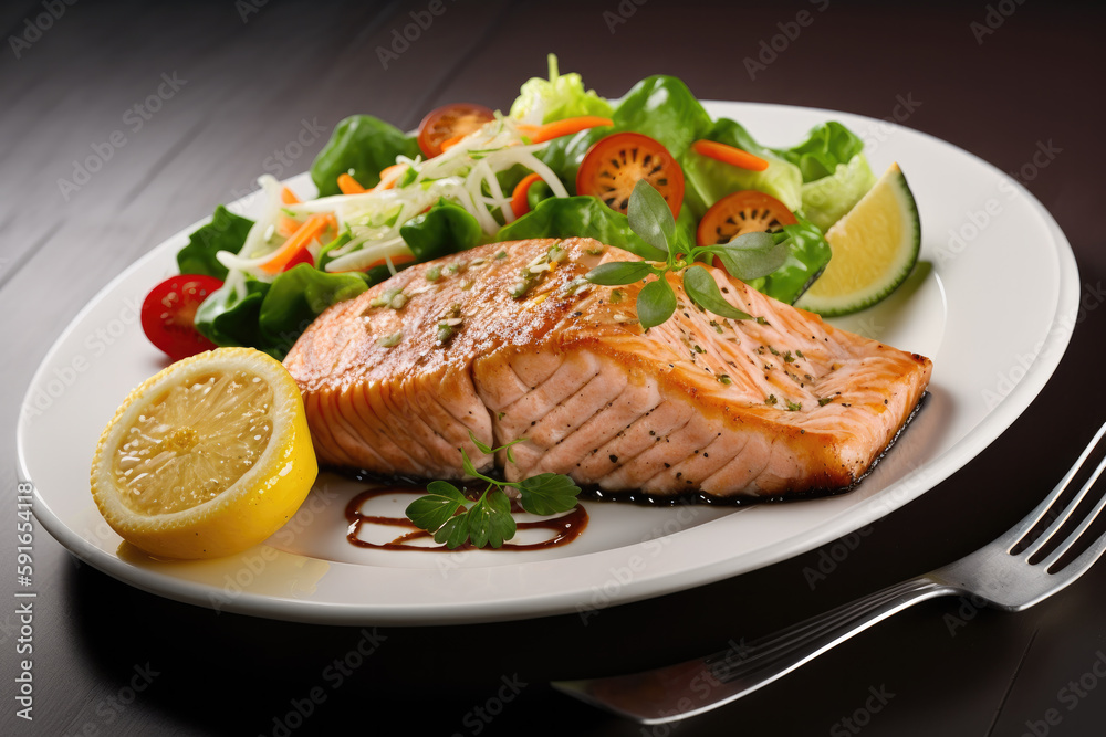 fresh salmon fish dish with vegetables. Generative AI fresh salmon fish dish with vegetables. Generative AI