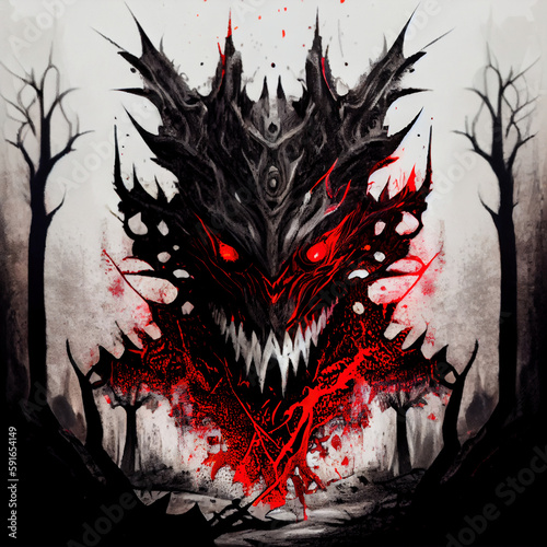Ghost of forest evil monster "leshii". White, red and black color scheme, metal album cover