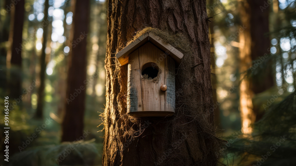 A birdhouse is on a tree in a forest. Wooden birdhouse in the forest. Generative AI