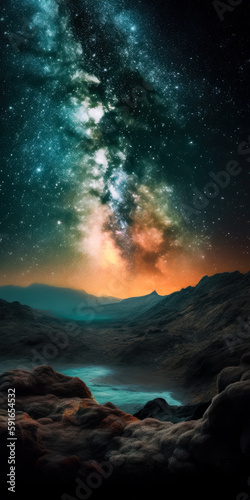 A starry night sky with the milky way in the horizon. Galactic landscape with nebulae and stars. Generative AI