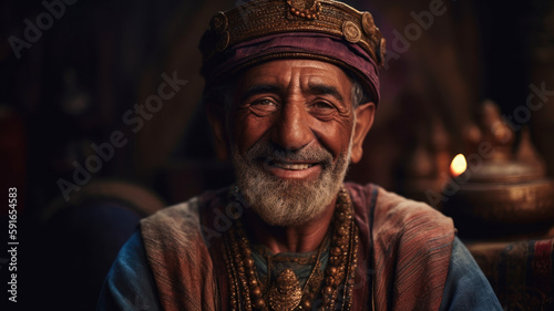 Bedouin man portrait. Muslim old man. Middle eastern muslim old sage or teacher. Generative AI