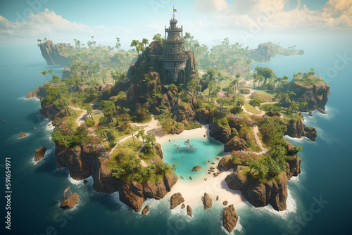 Islands, Fantasy Island, Concept game island, old Ruins. Generative AI