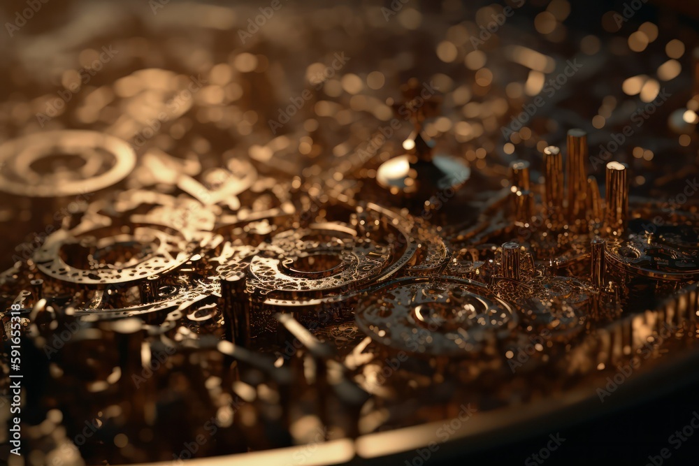 art background with the image of musical signs and elements of musical instruments made of gold metal, music made in metal on a black background. Generative AI art background with the image of musical signs and elements of musical instruments made of gold metal, music made in metal on a black background. Generative AI