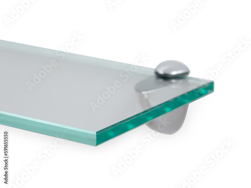Corner of glass shelf  with chrome holder isolated on white wall. There are  high quality polished edge and facet.