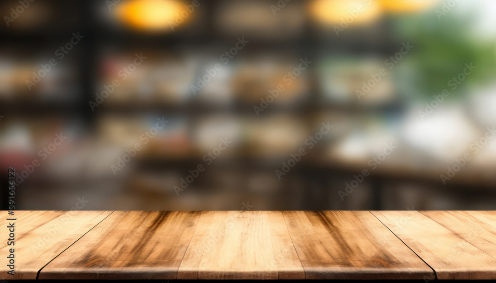 Empty wooden table top for product display with blur luxury bar. generative AI Empty wooden table top for product display with blur luxury bar. generative AI