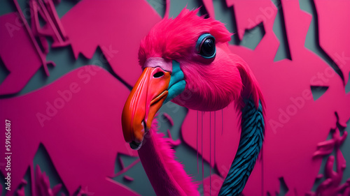 Portrait of Pink Flamingo on colourful vibrant background. Party and fun theme.