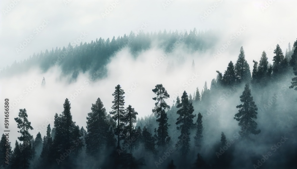 Cold and foggy forest landscape, atmospheric background