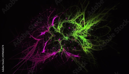 Colorful neon scribbles on a black background, purple and green particles