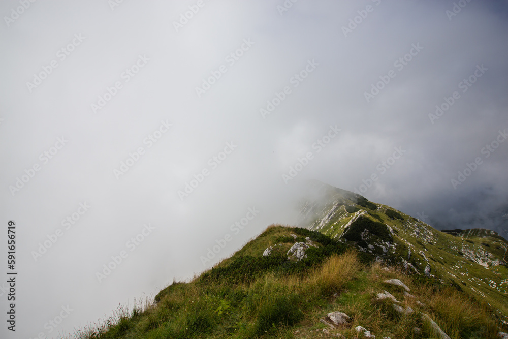 landscape of grassy mountains of Slovenia with hiking trails