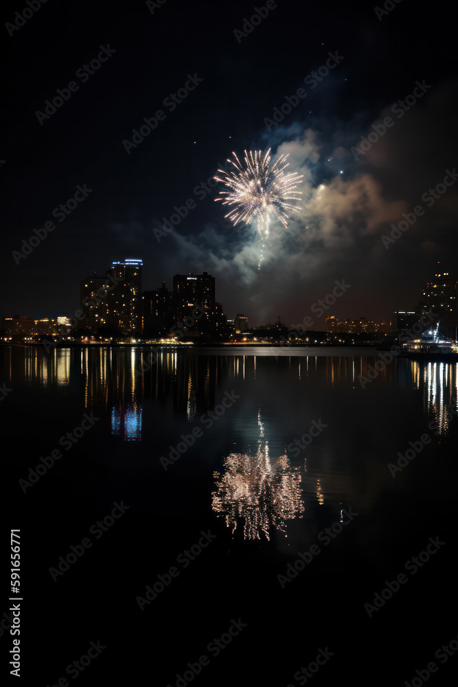 night cityscape in the distance with bright lighting over the water. reflection in the water, fireworks in the sky. vertical frame.Generative AI