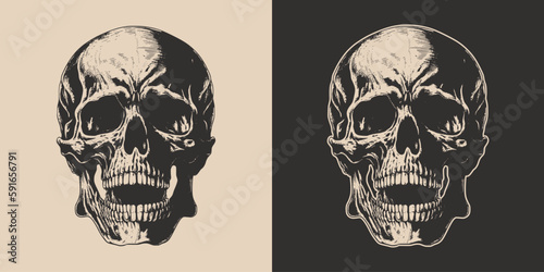 Set of vintage retro scary skull. Can be used like emblem, logo, badge, label. mark, poster or print. Monochrome Graphic Art. Vector. Hand drawn element in engraving