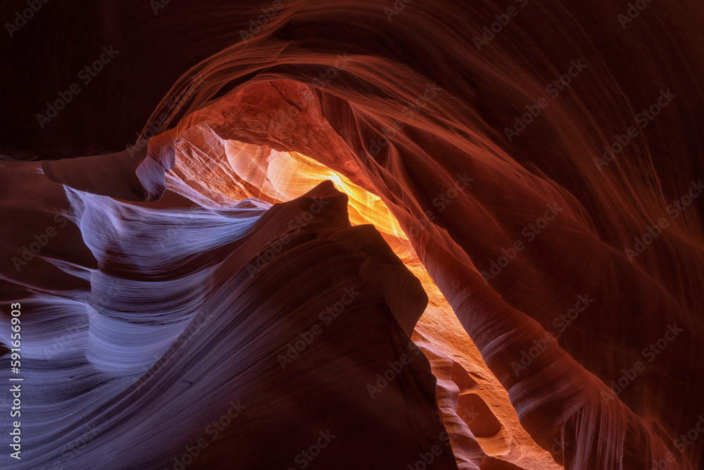Slot canyon near Page, Arizona. The wind and water create amazing striations in the sandstone in a stunning example of erosion; Page, Arizona, United States of America Slot canyon near Page, Arizona. The wind and water create amazing striations in the sandstone in a stunning example of erosion; Page, Arizona, United States of America