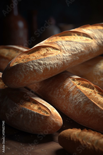 Rustic loaves of crusty French bread baguettes on a wooden table against a dark  textured background.  Generative AI.