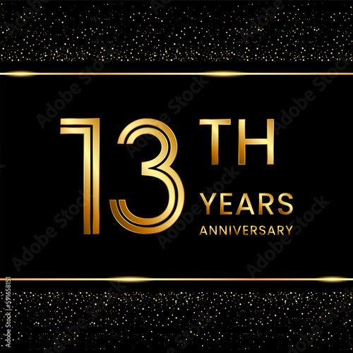 13th anniversary logo design with double line concept. Line Art style. Golden number logo. Vector Template Illustration