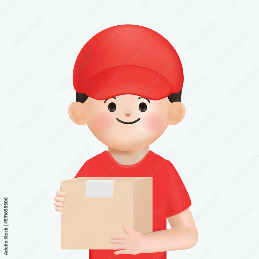 Delivery courier man in red uniform with parcel box. Safe delivery of goods concept. concept. 3d vector people character illustration. Cartoon minimal style. Delivery courier man in red uniform with parcel box. Safe delivery of goods concept. concept. 3d vector people character illustration. Cartoon minimal style.