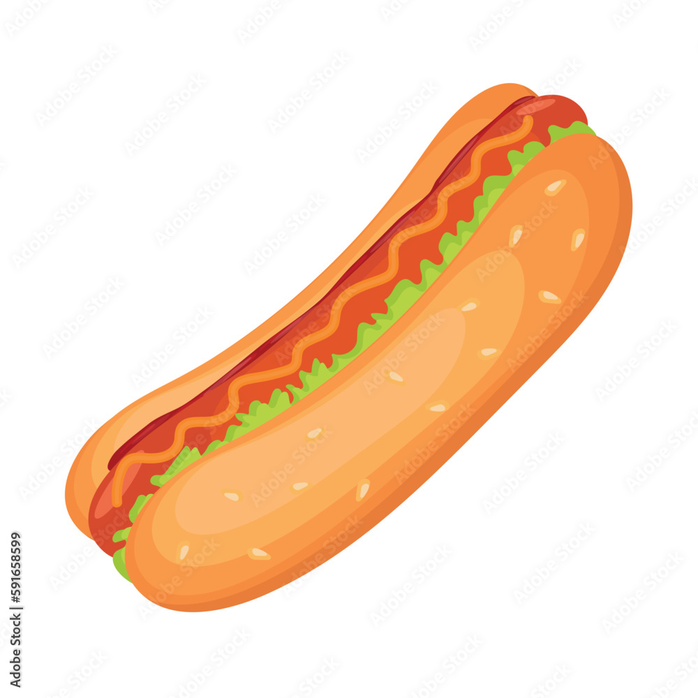 Hot dog with ketchup, lettuce and mustard, sesame seed bun. Hot dog with ketchup, lettuce and mustard, sesame seed bun.