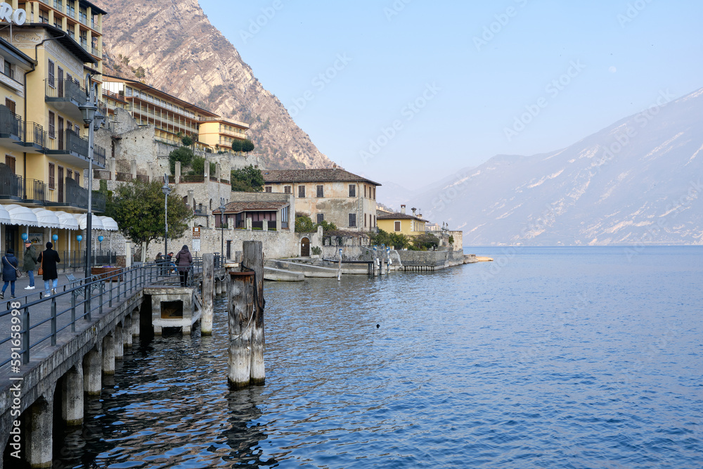 The view of town of Limone del Garda on Lake Garda. Province of Brescia, Lombardia, Italy.
