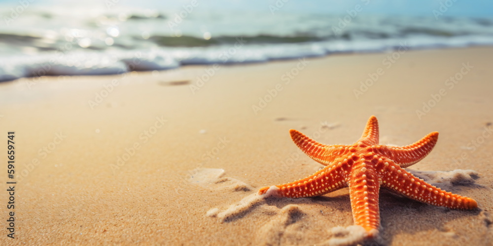 Seestern am Strand im Sommer mit Meer im Hintergrund und Platz für Text - mit KI erstellt Seestern am Strand im Sommer mit Meer im Hintergrund und Platz für Text - mit KI erstellt