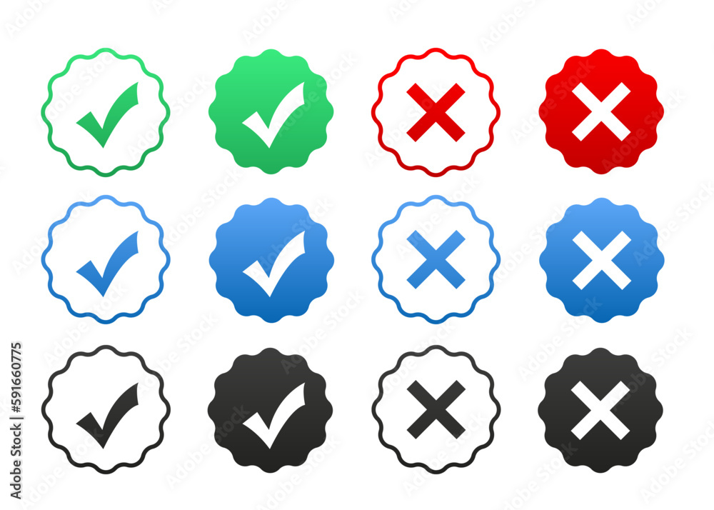 Tick and cross web element. Test buttons. Cross check mark icons, flat ...