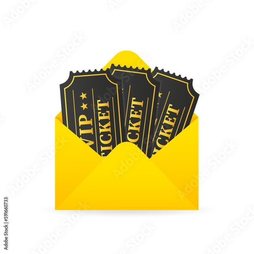 Open the envelope with tickets to the cinema, theater, performance. Bonus voucher, envelope, ticket, online sales promotion success online. Vector illustration