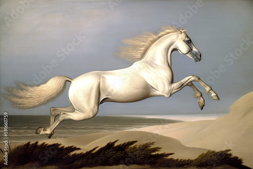 A majestic horse running jumping along the shoreline of a beach with lush green grass and dunes in the background. AI Generative.