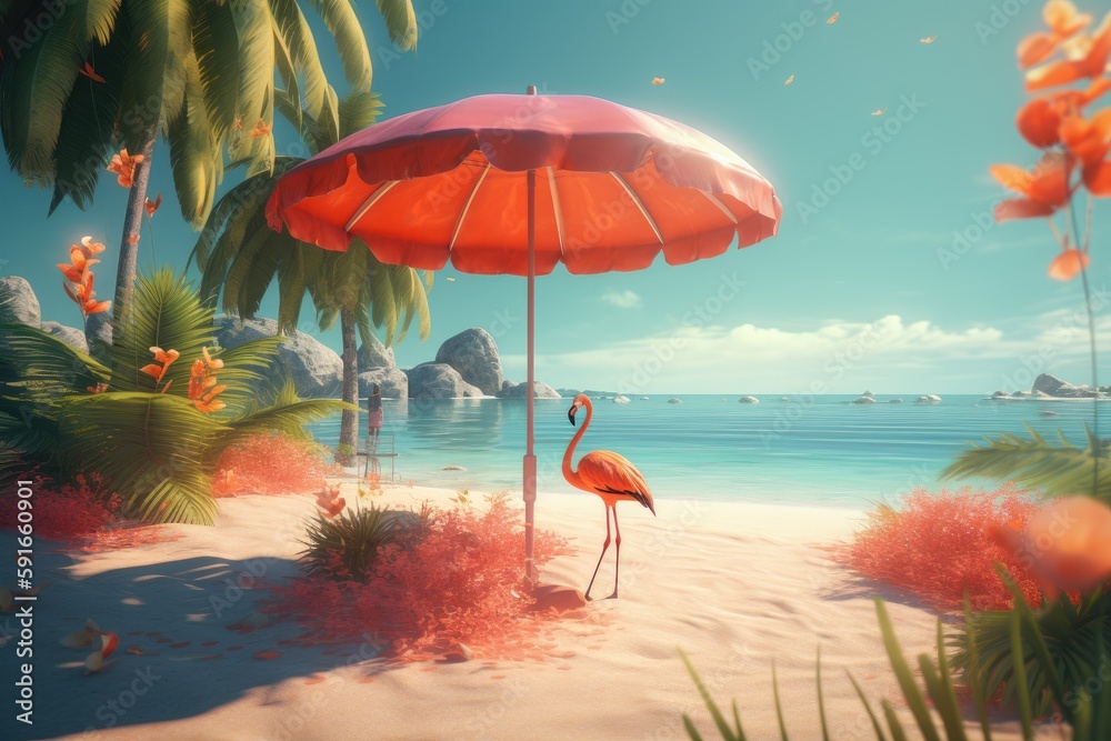Illustration of seascape with of exotic palms, flamingo, sun umbrella. Summer card. Generative AI 
