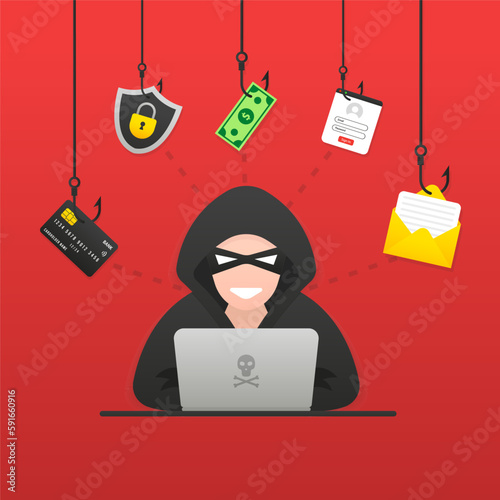 Phishing by hackers and cybercriminals, theft of personal data, user login, password, document, e-mail and credit card. Phishing and fraud, online fraud and theft. Cyber attack. Vector illustration