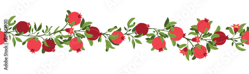 Vector hand drawn horizontal seamless pattern with pomegranate branches. Fruit print. Sketch Exotic tropical juicy fruit, pomegranate with leaves and flowers. Cartoon simple style illustration. Doodle